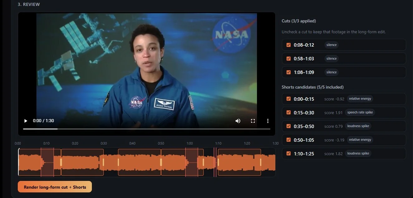 Phoenix Editor's review screen: the detected cuts and Shorts candidates beside the video